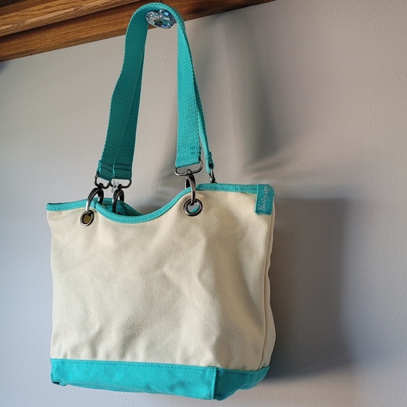 THIRTY-ONE Canvas Crew Carry-All Tote Bag Natural / Turquoise RETIRED - Picture 5 of 12